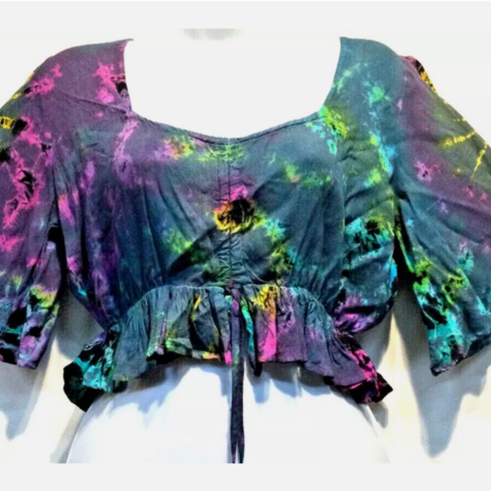 Nwt SACRED THREADS tie dye hippie boho rayon drawstring cropped TOP L